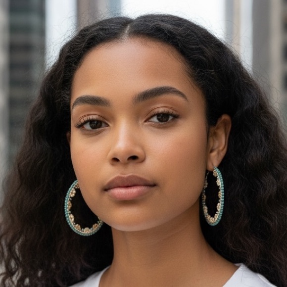 Chic Beaded Hoop Earrings with Green and Cream Accents - Picture 2 of 6